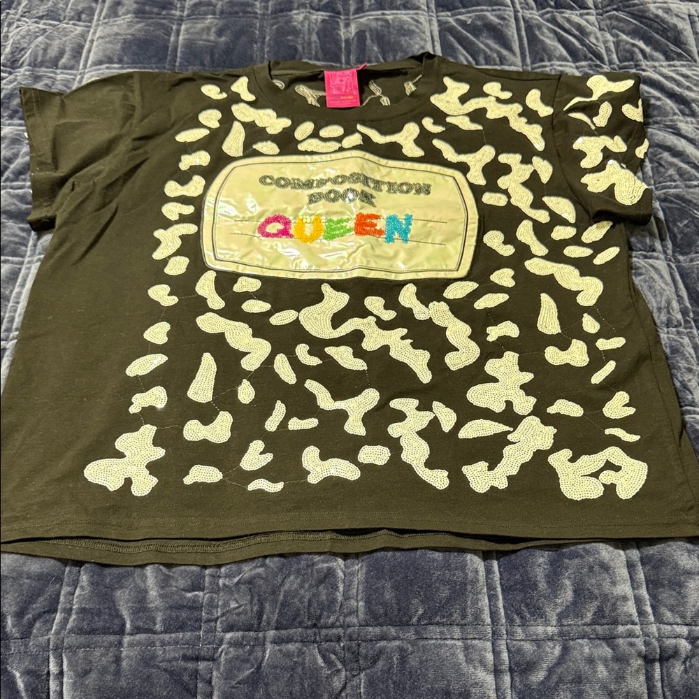 Queen of Sparkles Composition Queen Black Graphic Tee with Neon 'Queen' Detail